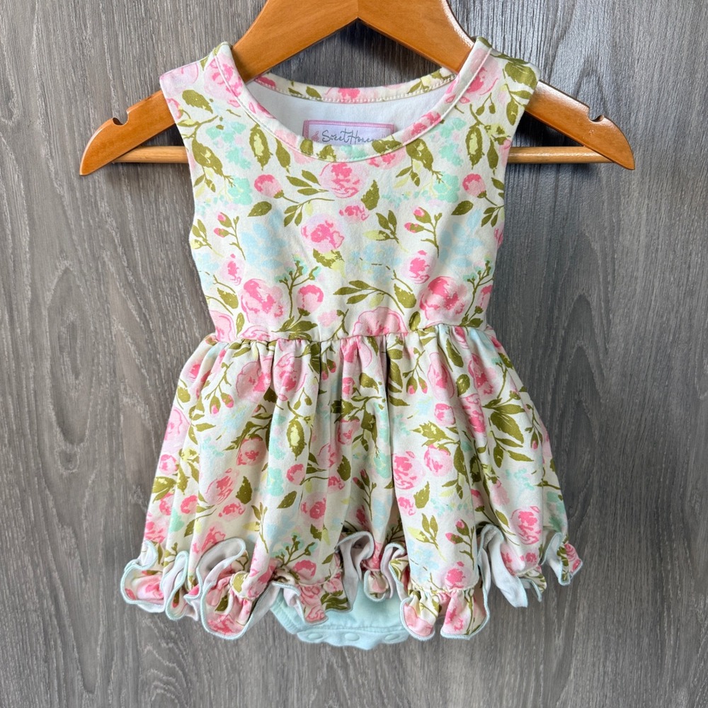 SweetHoney Floral Romper Dress 18m Pink Blue Ruffle Cottagecore Snap Boutique